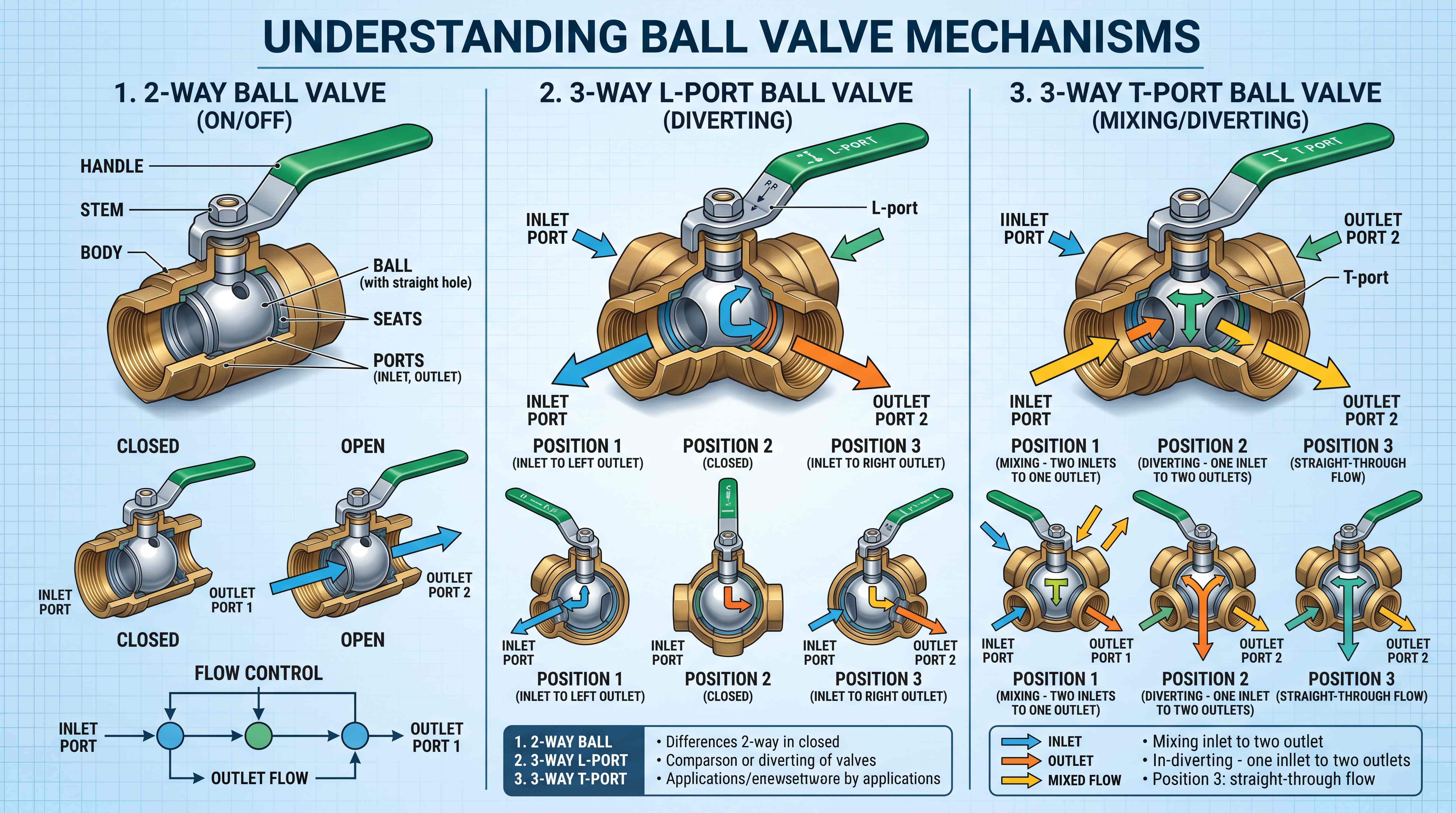 Ball valve mechanism comparison showing 2 way ball valve 3 way L port ball valve and 3 way T port ball valve flow paths